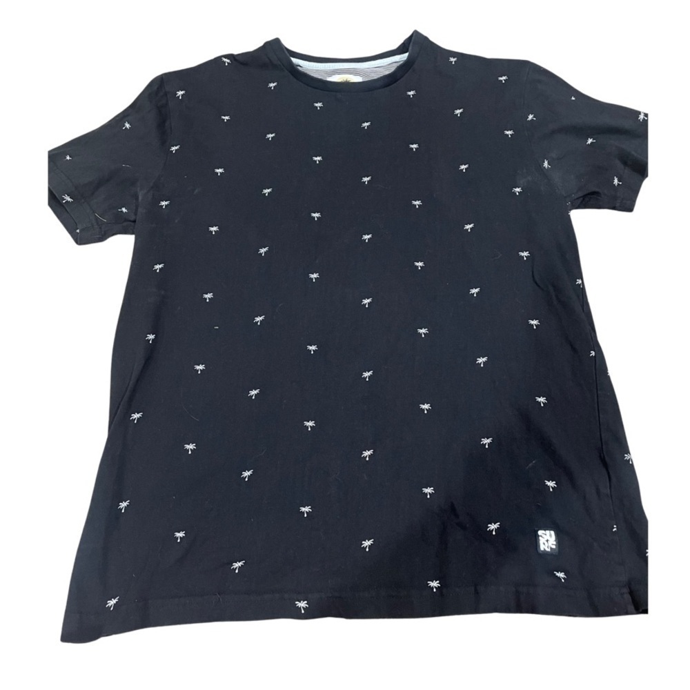 Denim & Flower cotton crew neck Tshirt for men. Black with white palm trees.